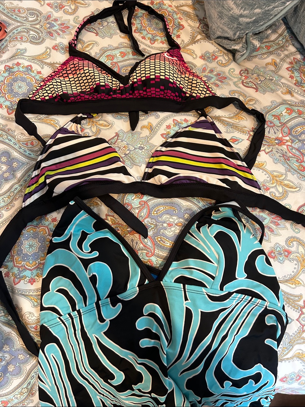Three Nike Multicolor Bikini Tops Set - Black, Teal, Pink Stripes
